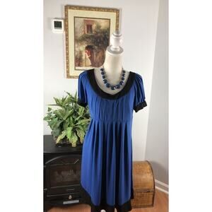 London Style Petite Blue Pleated Front Round Neck Pullover Sheath Dress Sz 12P